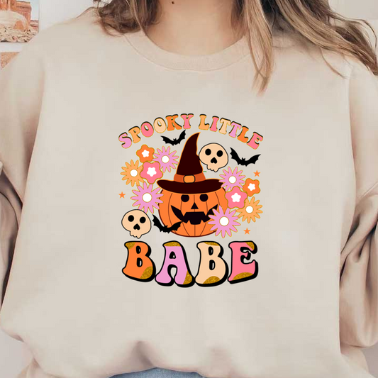 A fun and festive design featuring a smiling pumpkin with a witch hat, surrounded by flowers and playful skulls, perfect for Halloween. dtf transfers