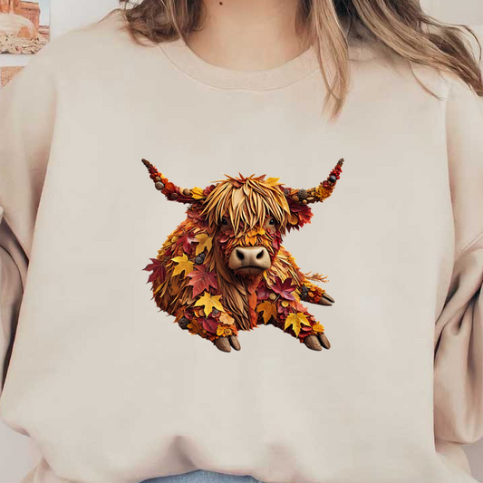 A whimsical, leaf-adorned Highland cow with a colorful autumn palette, showcasing a creative blend of nature's beauty. heat press transfers