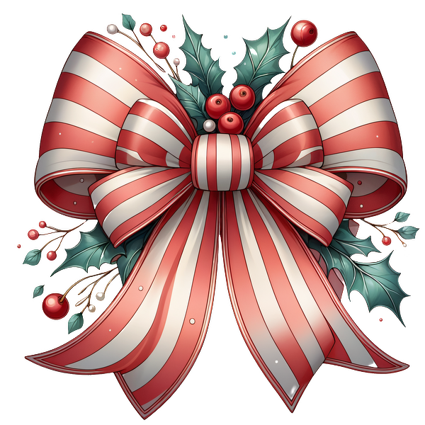 A festive red and white striped bow adorned with holly and berries, perfect for holiday decorations. dtf transfers