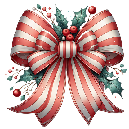 A festive red and white striped bow adorned with holly and berries, perfect for holiday decorations. dtf transfers