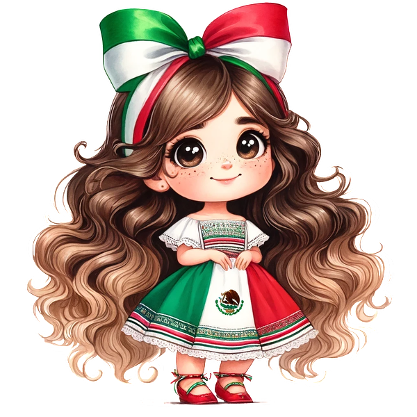 Una linda chica de dibujos animados con cabello largo y rizado que viste un vestido tradicional mexicano con colores verde, blanco y rojo y un gran lazo.