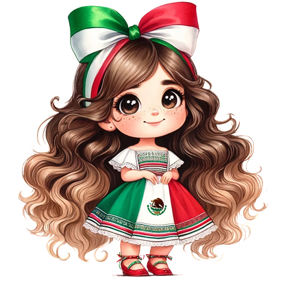 Una linda chica de dibujos animados con cabello largo y rizado que viste un vestido tradicional mexicano con colores verde, blanco y rojo y un gran lazo.