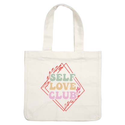 Un logotipo vibrante y colorido que presenta la frase "Self Love Club" adornado con elementos florales y un fondo geométrico.