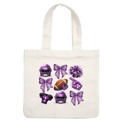 Una colección vibrante de artículos con temática de fútbol de color morado, que incluye cascos, moños, un balón de fútbol y un dedo de espuma n.° 1.