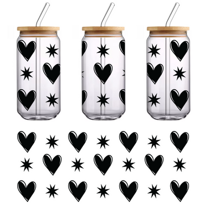 Un patrón divertido que presenta corazones alternados y formas de estrellas en un diseño negro minimalista, perfecto para una estética alegre. Transferencias UV