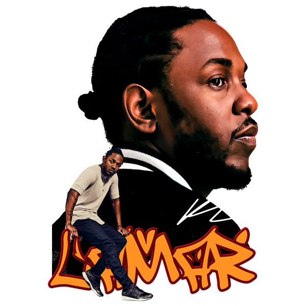 Un gráfico dinámico que presenta el perfil expresivo de Kendrick Lamar junto con una pose informal, complementado con letras vibrantes estilo graffiti. Transferencias DTF