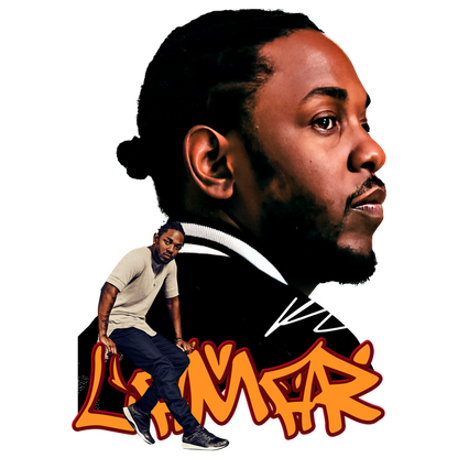 Un gráfico dinámico que presenta el perfil expresivo de Kendrick Lamar junto con una pose informal, complementado con letras vibrantes estilo graffiti. Transferencias DTF