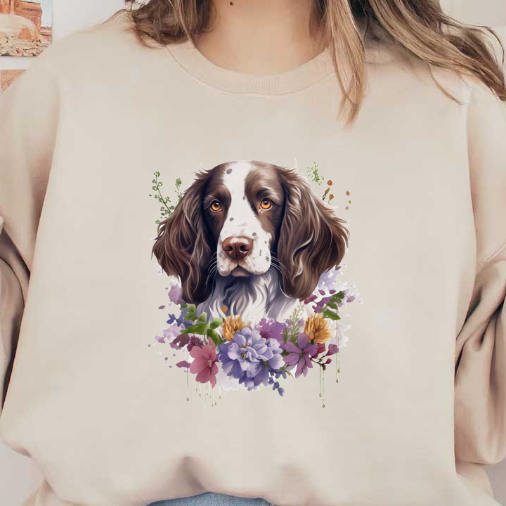 A beautifully detailed illustration of a dog surrounded by colorful flowers, showcasing the dog's expressive eyes and soft fur. dtf prints