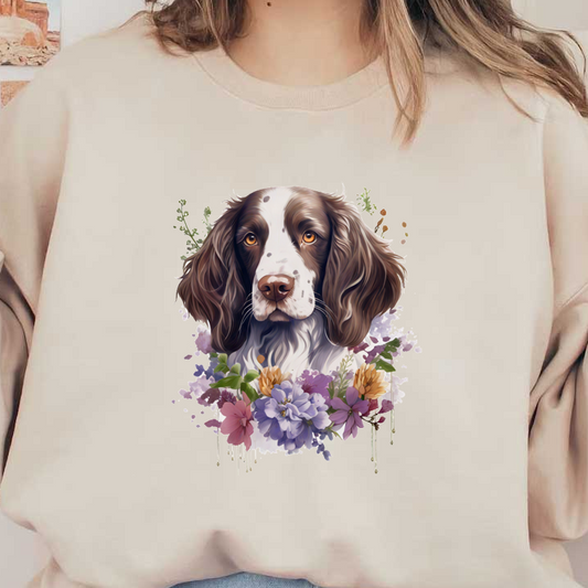 Una ilustración bellamente detallada de un perro rodeado de flores coloridas, que muestra los ojos expresivos del perro y su pelaje suave.