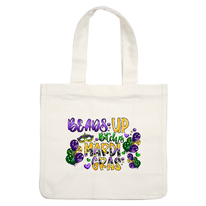 Celebrate Mardi Gras with this vibrant design featuring festive text, colorful balloons, and a decorative mask!DTF Transfers