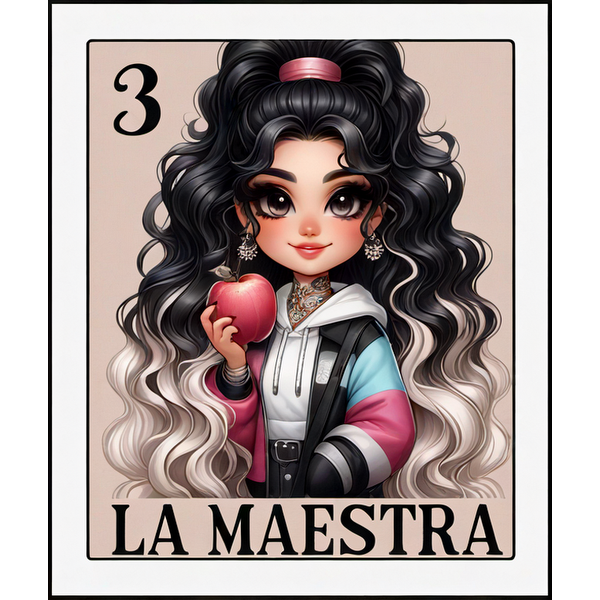 Una elegante ilustración de "La Maestra", que presenta a una niña con voluminoso cabello blanco y negro, sosteniendo una manzana.