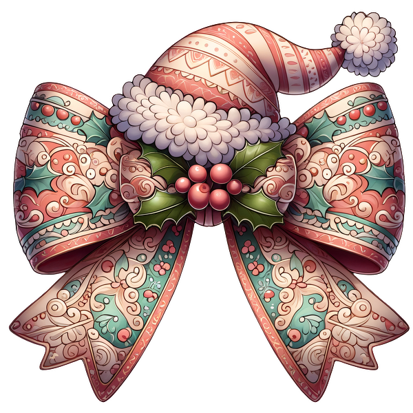 A whimsical, intricately designed Christmas bow featuring festive patterns, holly leaves, and a playful Santa hat on top. dtf transfers