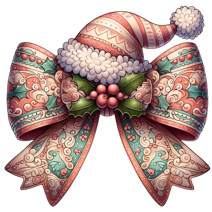 A whimsical, intricately designed Christmas bow featuring festive patterns, holly leaves, and a playful Santa hat on top. dtf transfers