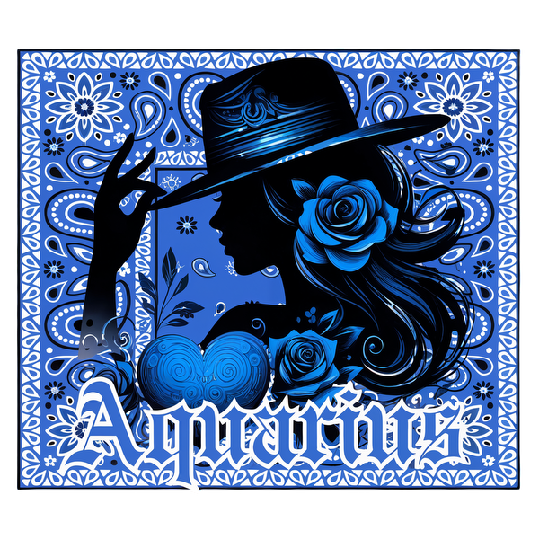 Un llamativo diseño azul que presenta la silueta de una mujer con sombrero, adornada con rosas y la palabra "Acuario".