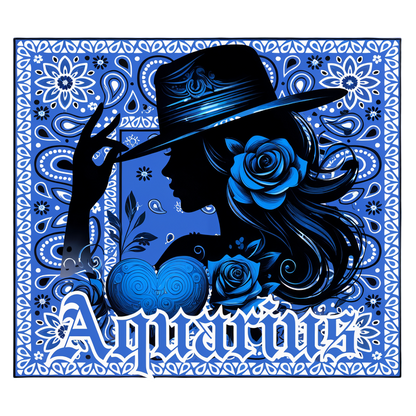 Un llamativo diseño azul que presenta la silueta de una mujer con sombrero, adornada con rosas y la palabra "Acuario".