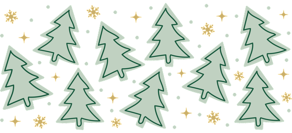 A festive pattern featuring green Christmas trees and sparkly gold snowflakes, perfect for holiday-themed designs.UV Transfersdtf regular iron