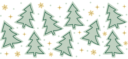 A festive pattern featuring green Christmas trees and sparkly gold snowflakes, perfect for holiday-themed designs.UV Transfersdtf regular iron