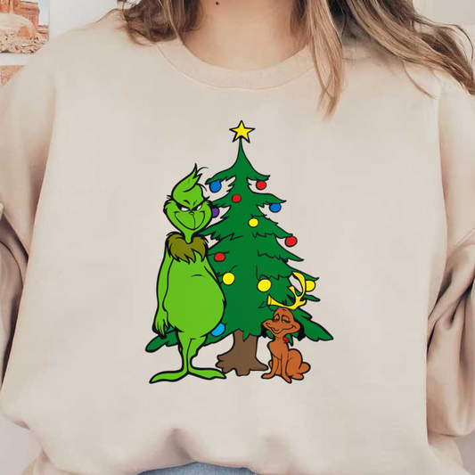 The Grinch and his loyal dog stand beside a decorated Christmas tree, embodying holiday spirit with a whimsical charm.DTF Transfers