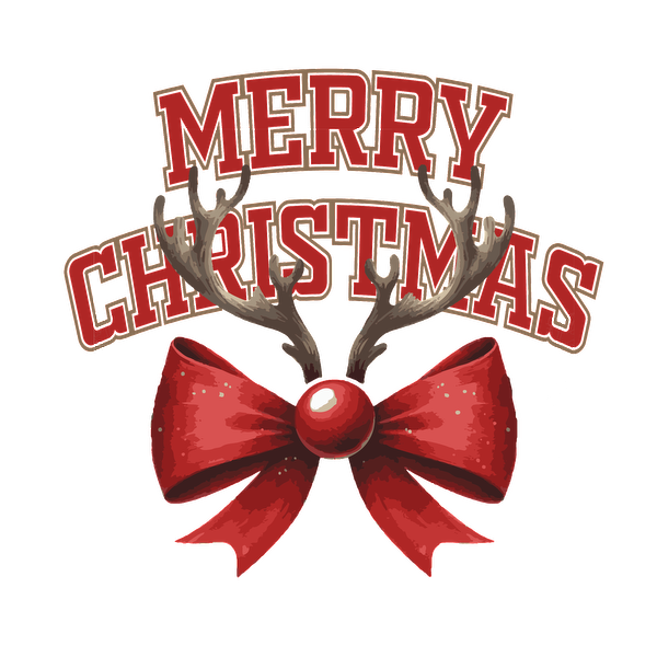 A festive "Merry Christmas" design featuring antlers, a red bow, and a shiny ornament, perfect for holiday celebrations.dtf regular iron