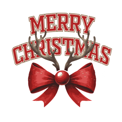 A festive "Merry Christmas" design featuring antlers, a red bow, and a shiny ornament, perfect for holiday celebrations.dtf regular iron