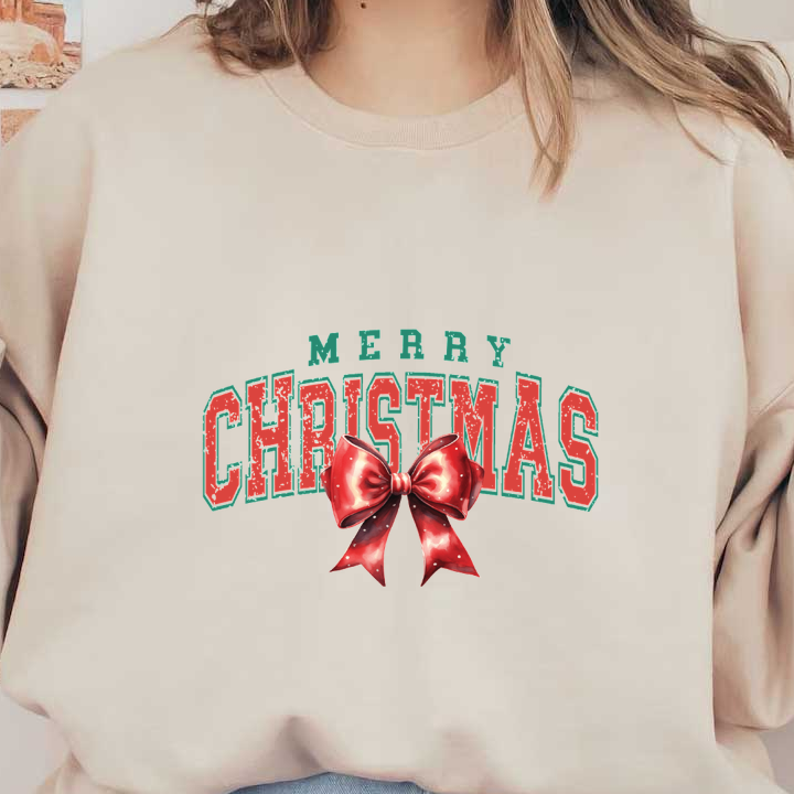 Festive "Merry Christmas" design featuring bold red letters and a vibrant red bow, perfect for holiday decorations! dtf transfers