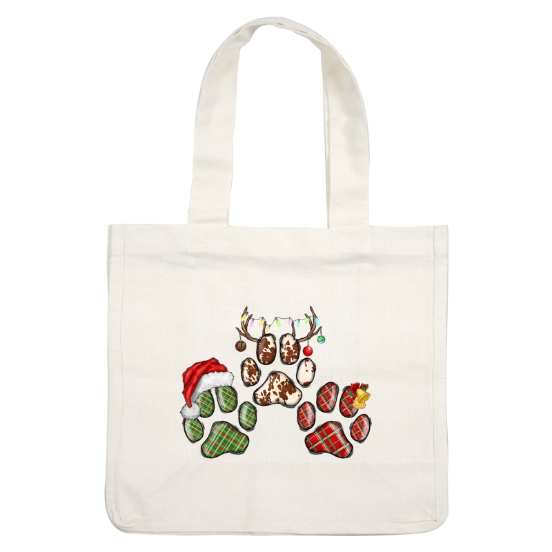 Festive paw prints adorned with a Santa hat, plaid patterns, and holiday decorations, perfect for celebrating the Christmas spirit!DTF Transfers dtf prints