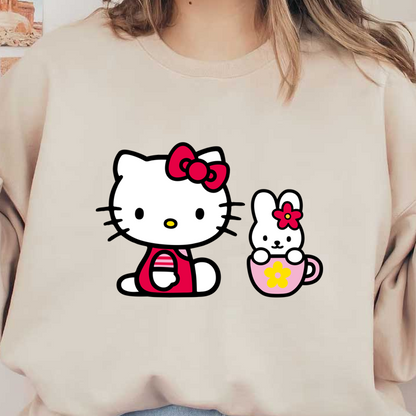 A cute illustration featuring Hello Kitty in a red outfit with a bow, alongside a bunny in a pink cup.DTF Transfers