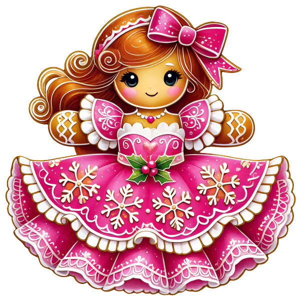 A cute gingerbread girl in a festive pink dress adorned with snowflakes and a bow, perfect for holiday decor.DTF Transfers dtf prints