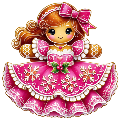 A cute gingerbread girl in a festive pink dress adorned with snowflakes and a bow, perfect for holiday decor.DTF Transfers dtf prints