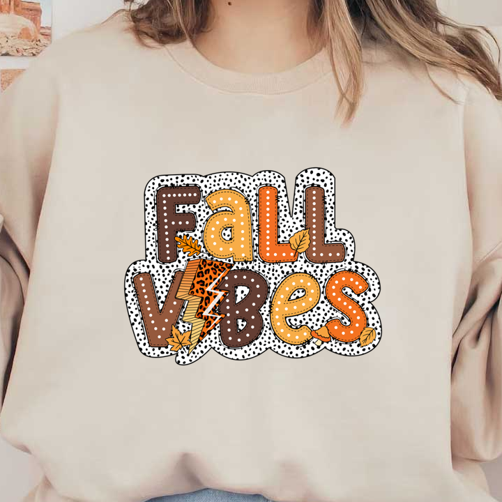 A vibrant, playful "Fall Vibes" graphic with autumn leaves and a lightning bolt, perfect for celebrating the season! dtf transfers