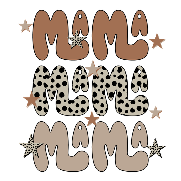 Playful "Mama" text design featuring cute animal print and stars, perfect for mom-themed apparel or decor. dtf transfers