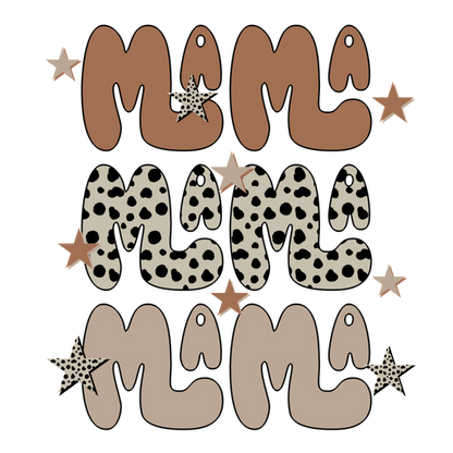 Playful "Mama" text design featuring cute animal print and stars, perfect for mom-themed apparel or decor. dtf transfers