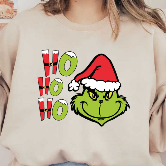 Celebrate the season with this playful Grinch design, featuring a mischievous smile and festive "Ho Ho Ho" lettering!DTF Transfers heat press transfersdtf regular iron