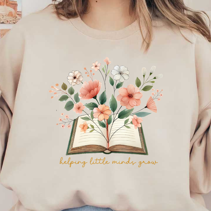 An enchanting illustration of an open book surrounded by vibrant flowers, symbolizing growth and knowledge for young minds.DTF Transfers