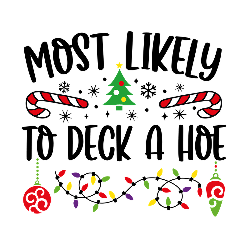 A whimsical holiday-themed illustration featuring a Christmas tree, candy canes, and colorful ornaments along with festive lights.DTF Transfers dtf prints