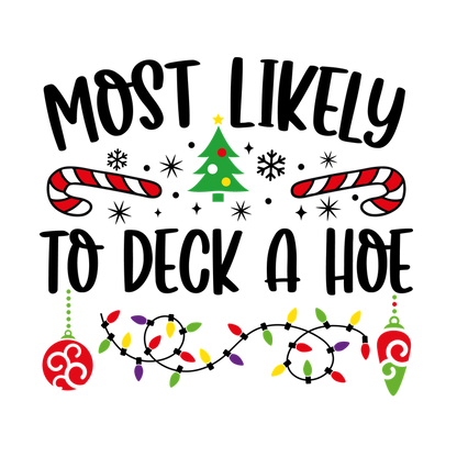 A whimsical holiday-themed illustration featuring a Christmas tree, candy canes, and colorful ornaments along with festive lights.DTF Transfers dtf prints