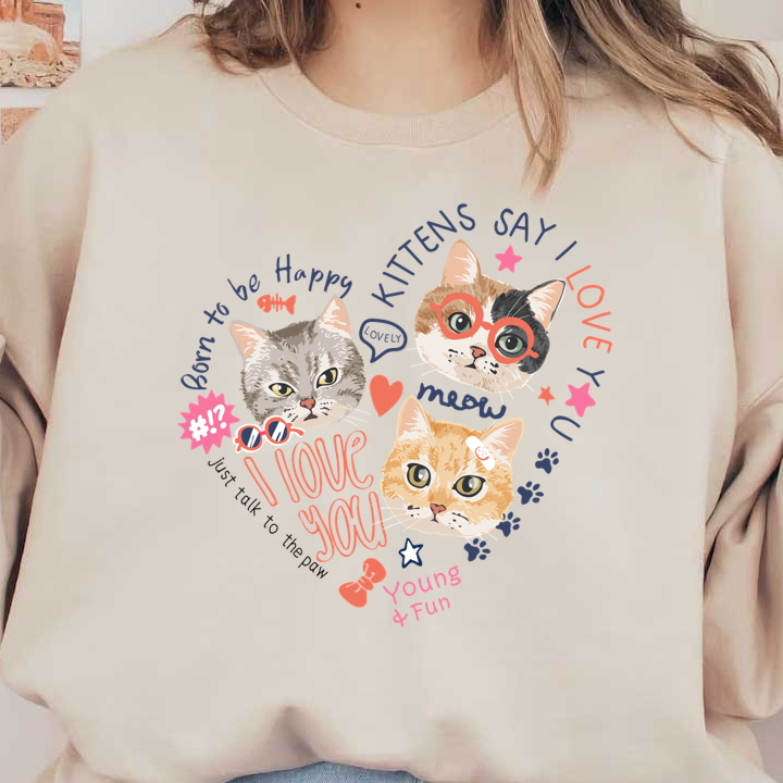 Una encantadora ilustración que presenta tres gatitos juguetones con accesorios divertidos, rodeados de un texto colorido que declara amor y felicidad.