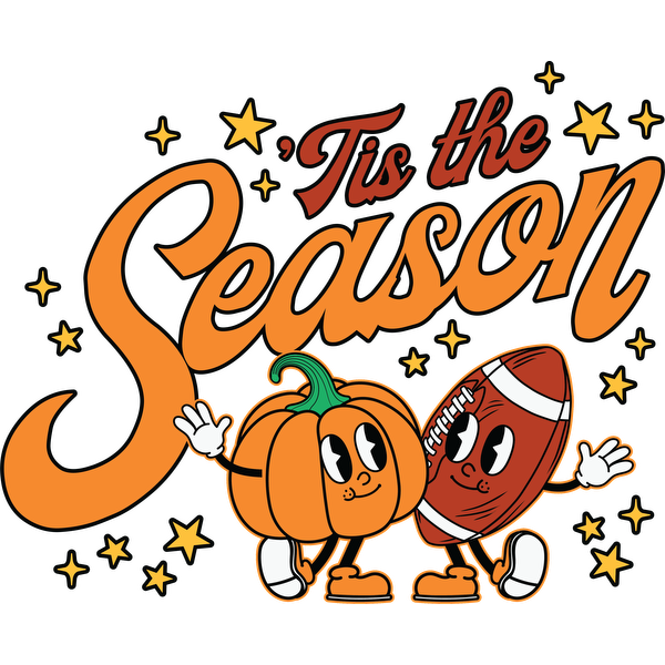 Un diseño alegre que presenta una calabaza sonriente y una pelota de fútbol con la frase "'Tis the Season", adornada con estrellas.