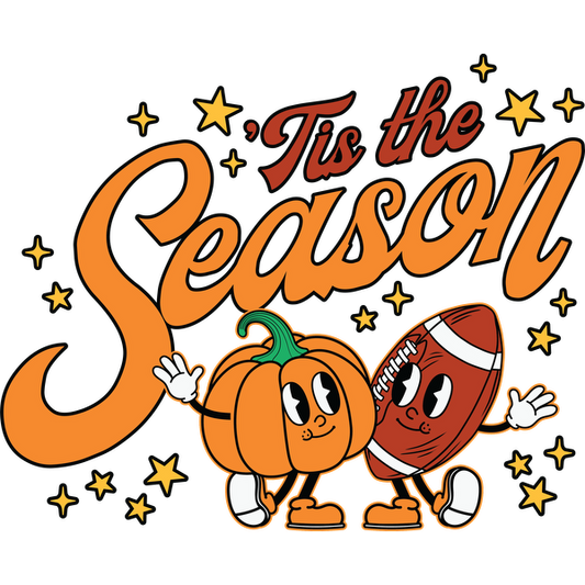 Un diseño alegre que presenta una calabaza sonriente y una pelota de fútbol con la frase "'Tis the Season", adornada con estrellas.