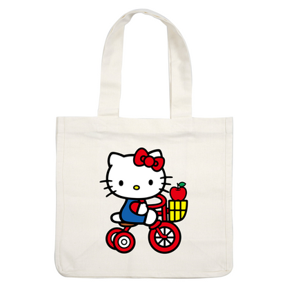 Hello Kitty rides a vibrant red tricycle, wearing a blue dress with a heart, complete with a basket holding an apple.DTF Transfers