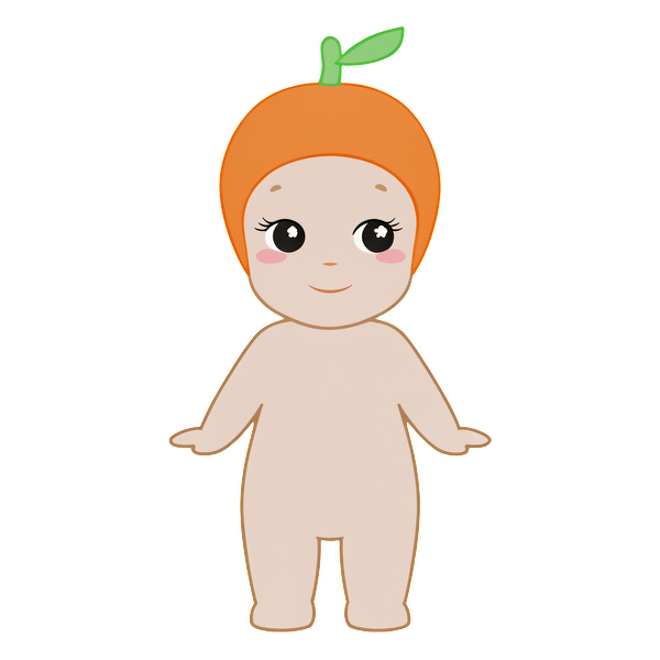 Adorable cartoon baby with a cute orange fruit hat and playful expression, perfect for a whimsical design or decoration.DTF Transfers dtf prints