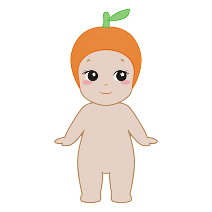 Adorable cartoon baby with a cute orange fruit hat and playful expression, perfect for a whimsical design or decoration.DTF Transfers dtf prints