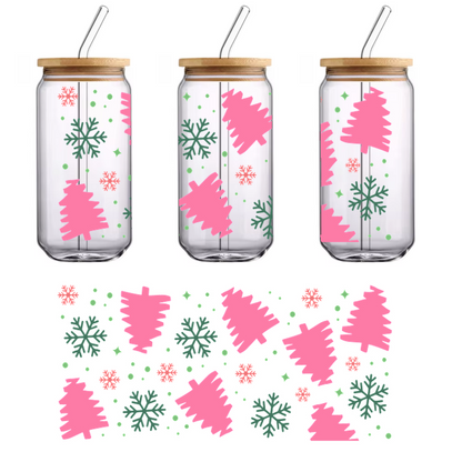 A festive pattern featuring pink Christmas trees, green snowflakes, and cheerful snowballs, perfect for holiday decorations.UV Transfersdtf regular iron