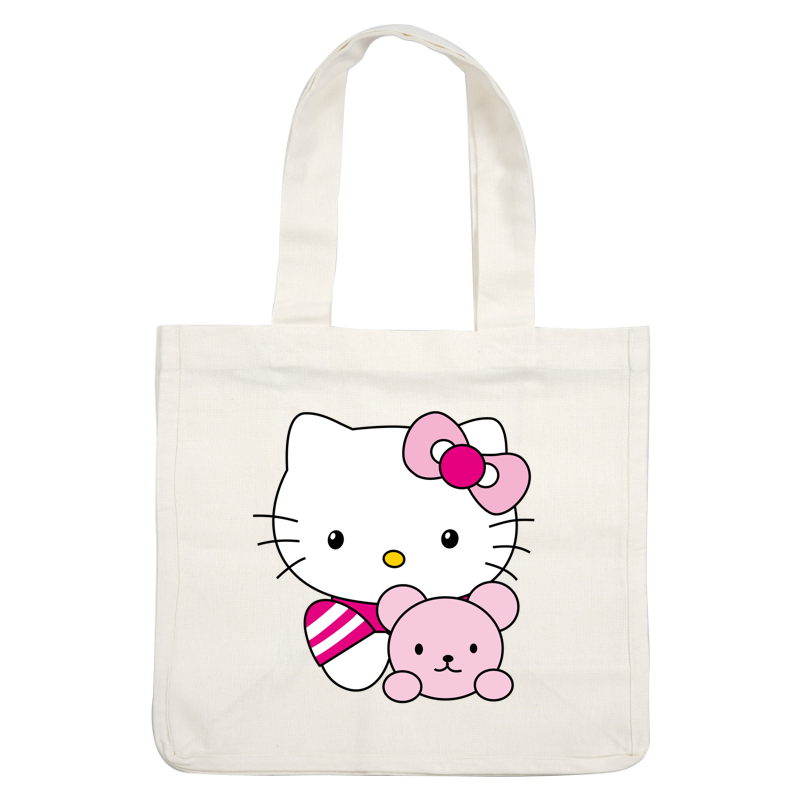 This adorable image features Hello Kitty, styled with a pink bow, playfully holding a cute pink teddy bear.DTF Transfers