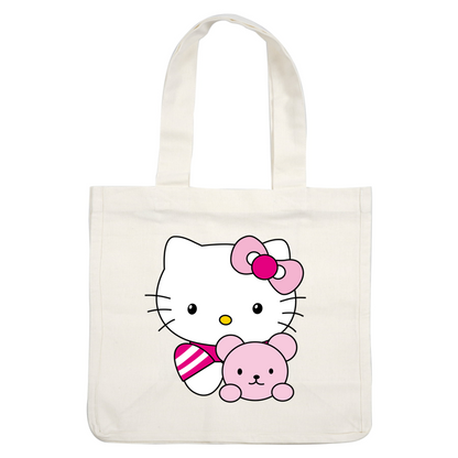 This adorable image features Hello Kitty, styled with a pink bow, playfully holding a cute pink teddy bear.DTF Transfers