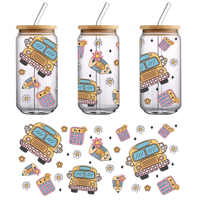 A whimsical design featuring colorful buses, calculators, and flowers, perfect for a cheerful, playful atmosphere.UV Transfersdtf regular iron