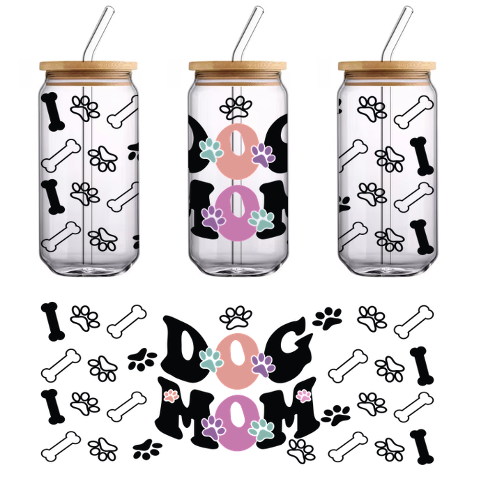 A colorful design celebrating dog moms, featuring the words "DOG MOM" surrounded by playful paw prints and bones.UV Transfers heat press transfers