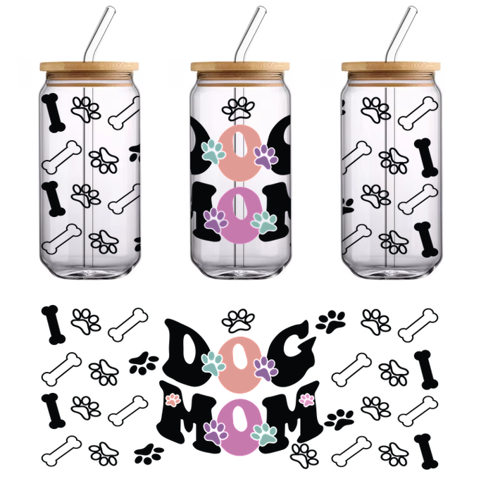 A playful design celebrating dog moms, featuring the phrase "DOG MOM" with colorful paw prints and floral accents.UV Transfers dtf transfers
