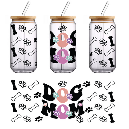 A playful design celebrating dog moms, featuring the phrase "DOG MOM" with colorful paw prints and floral accents.UV Transfers dtf transfers