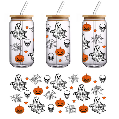 A whimsical Halloween pattern featuring playful ghosts, carved pumpkins, and stars, perfect for festive decorations.UV Transfersdtf regular iron